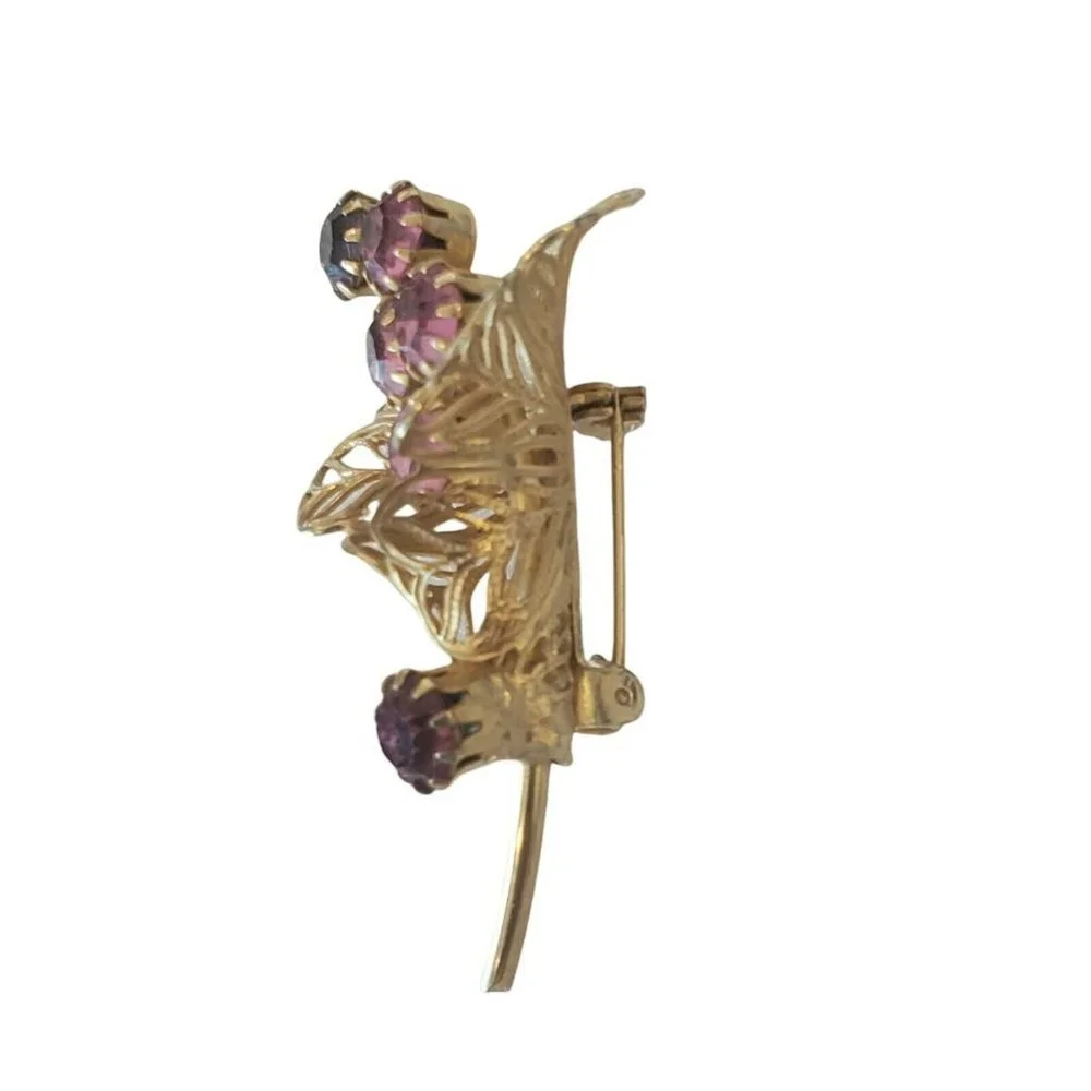 Vintage Gold Tone Flower Floral Brooch‎ Pin Open Work Pronged Pink Purple Stones